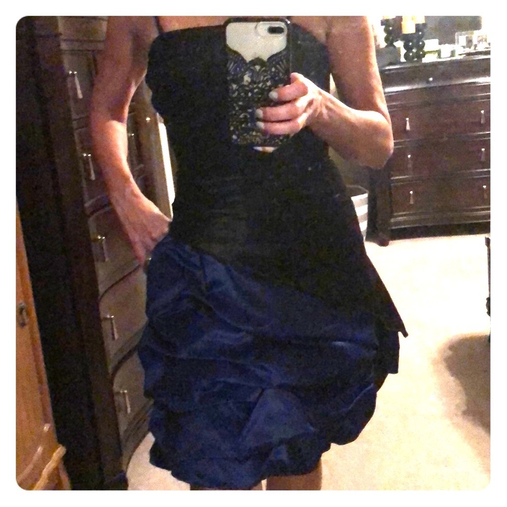 Black and Blue satin strapless/string strap dress